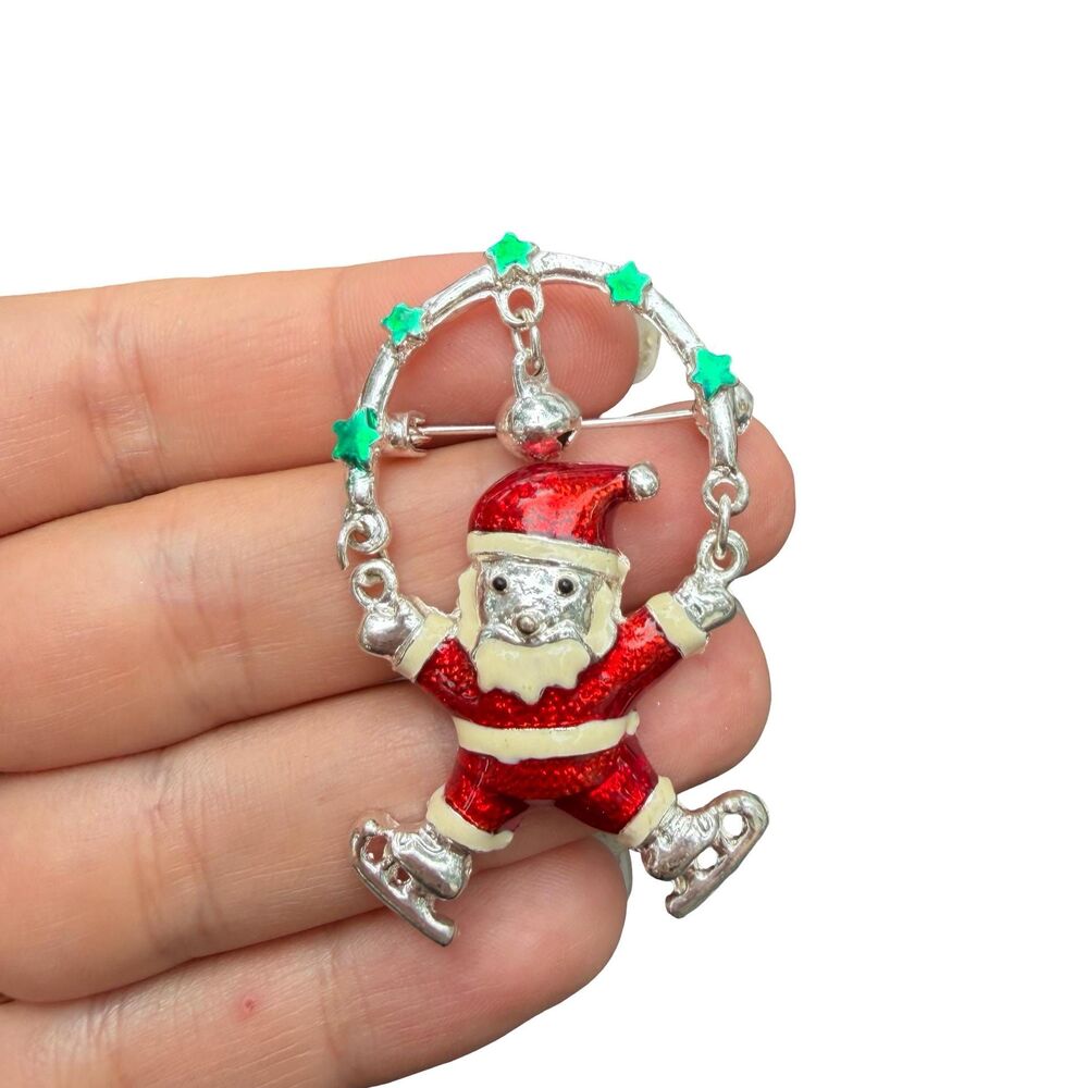 Vintage Jewelry Skating Santa Brooch Christmas Pin